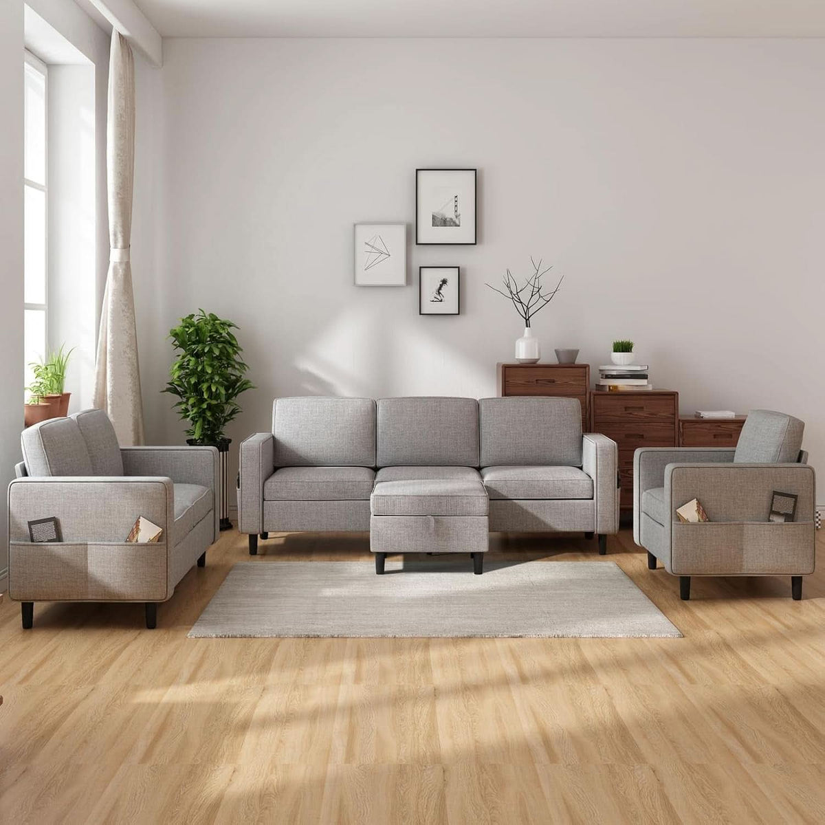 6 Seater Linen Fabric Sectional Sofa With Movable Storage Ottoman Light Grey