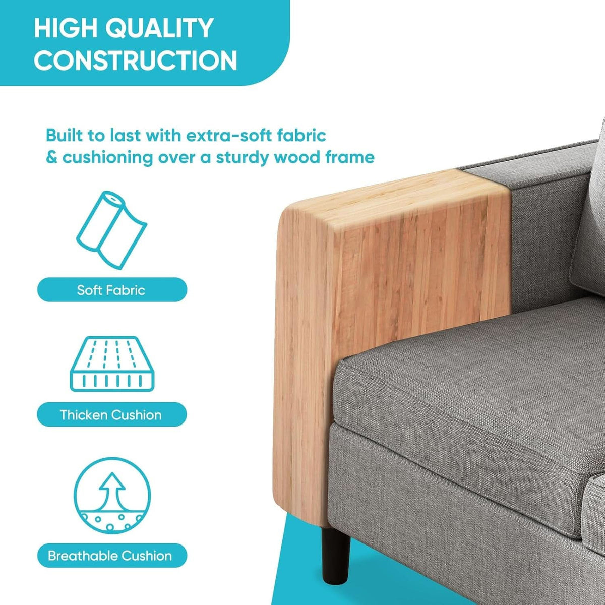 6 Seater Linen Fabric Sectional Sofa With Movable Storage Ottoman Light Grey