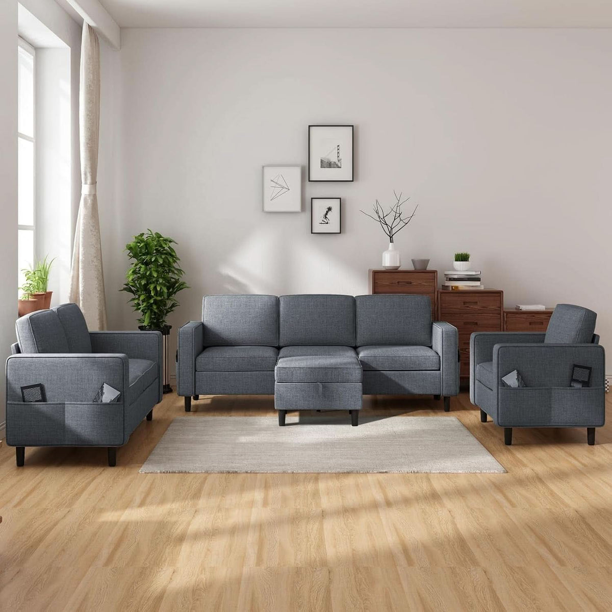 6 Seater Sectional Sofa In Dark Grey Linen With Ottoman