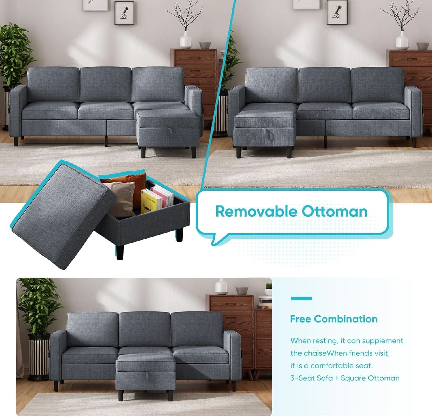 6 Seater Sectional Sofa In Dark Grey Linen With Ottoman