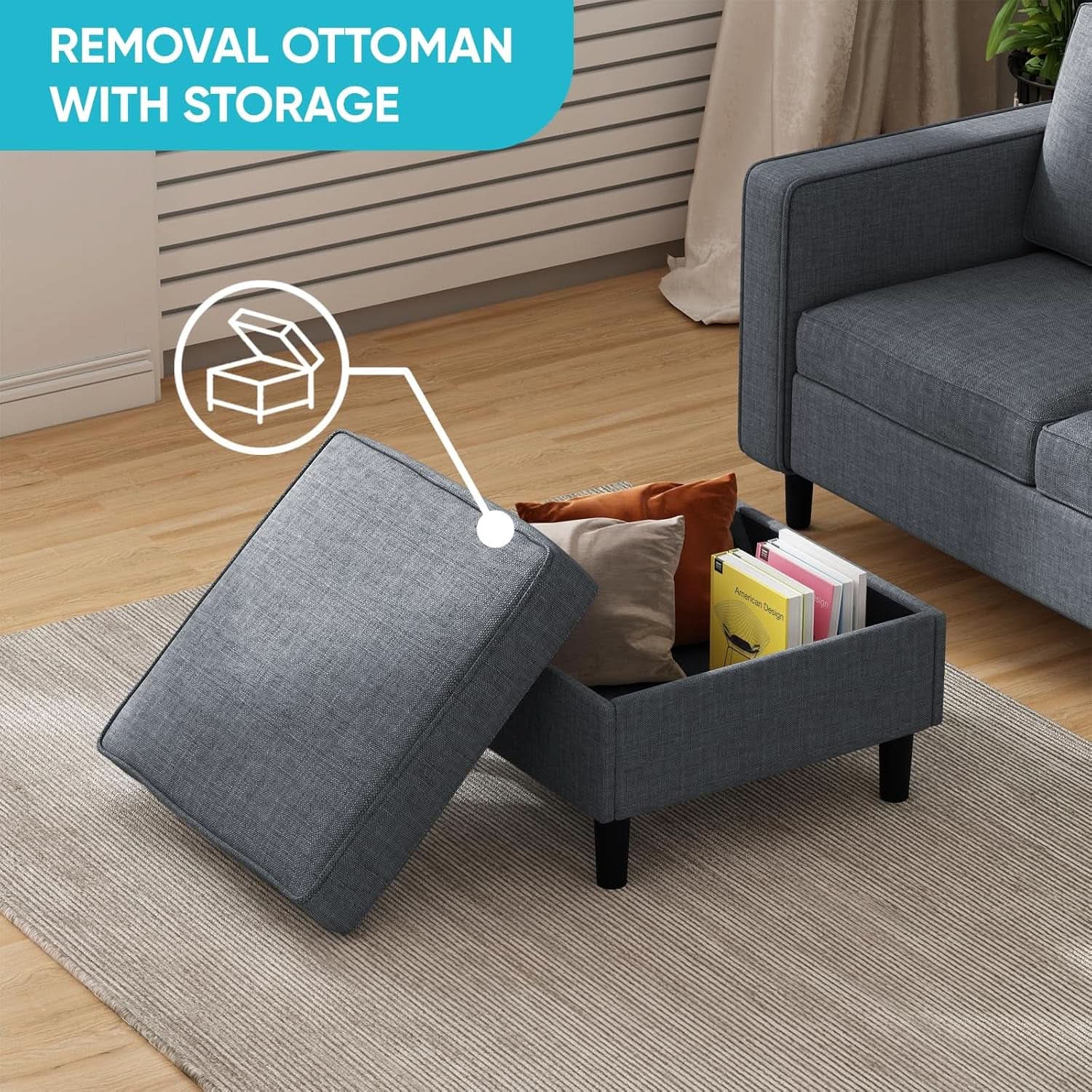 6 Seater Sectional Sofa In Dark Grey Linen With Ottoman