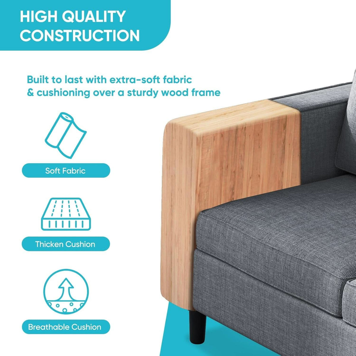 6 Seater Sectional Sofa In Dark Grey Linen With Ottoman