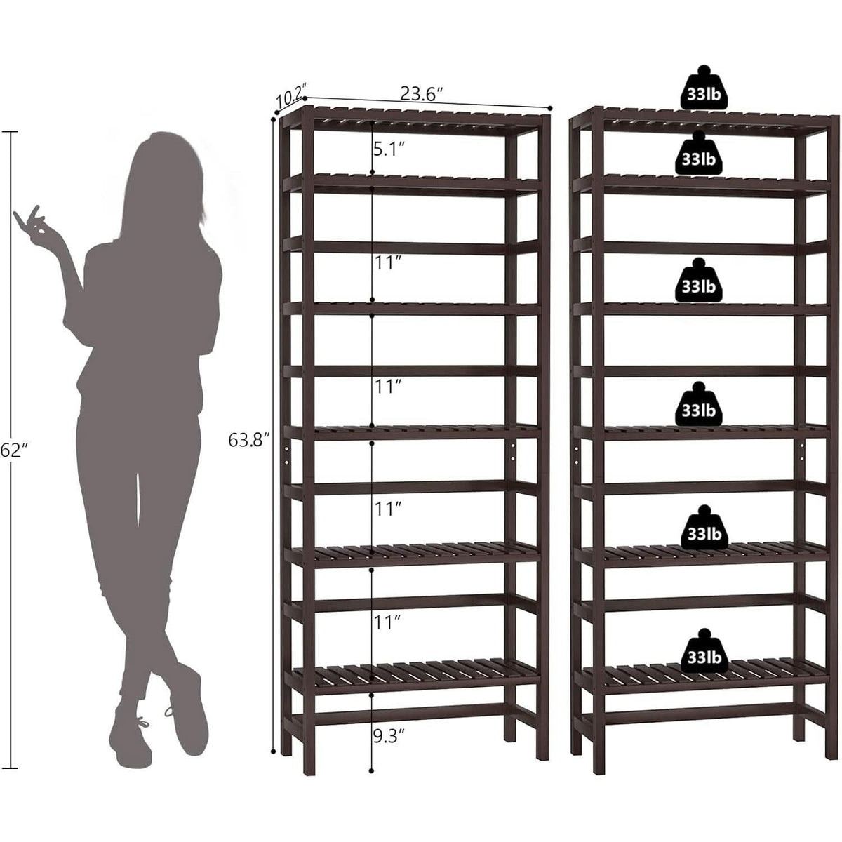 6-Tier Bamboo Bookcase Espresso 63.4 Inch Tall Freestanding Shelf