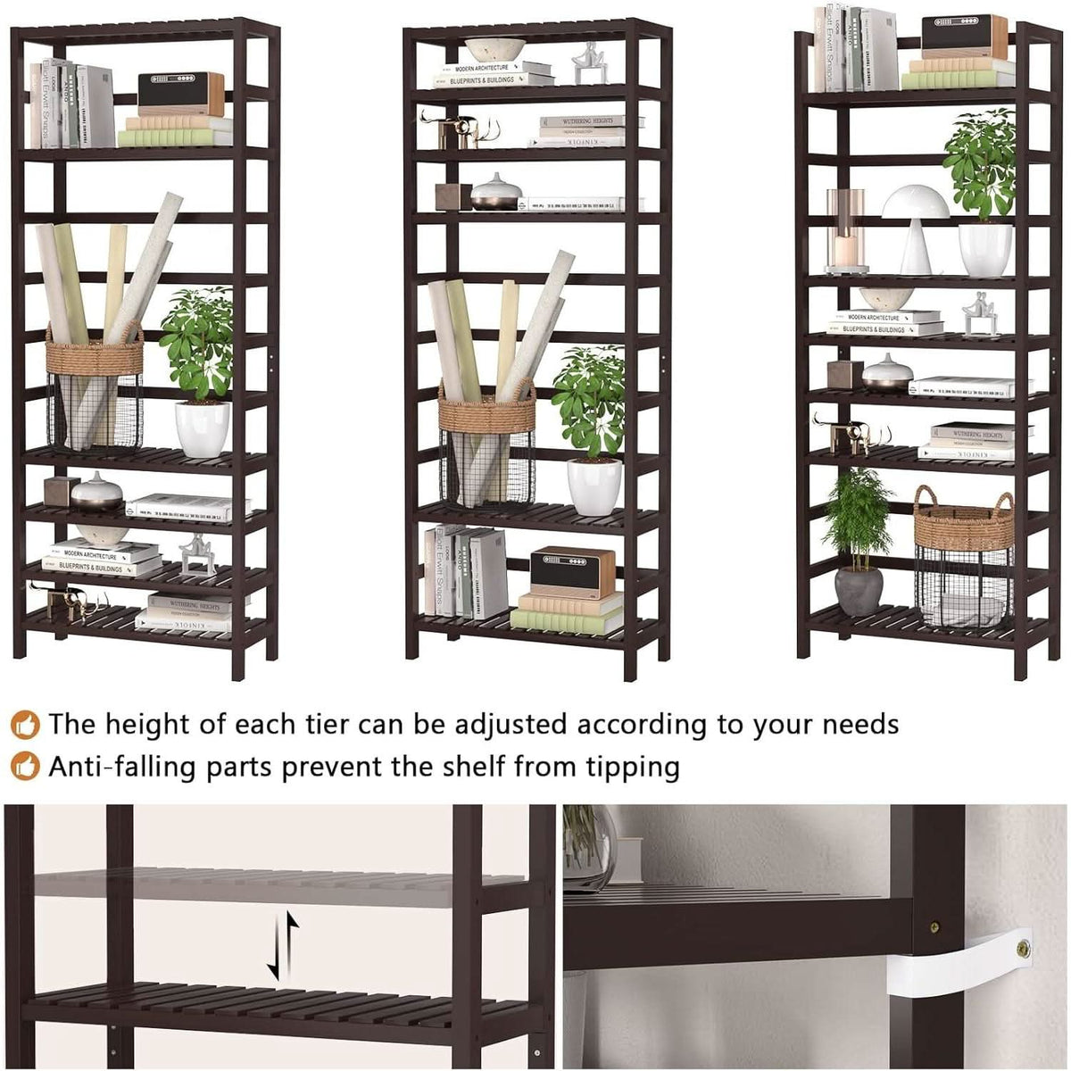6-Tier Bamboo Bookcase Espresso 63.4 Inch Tall Freestanding Shelf