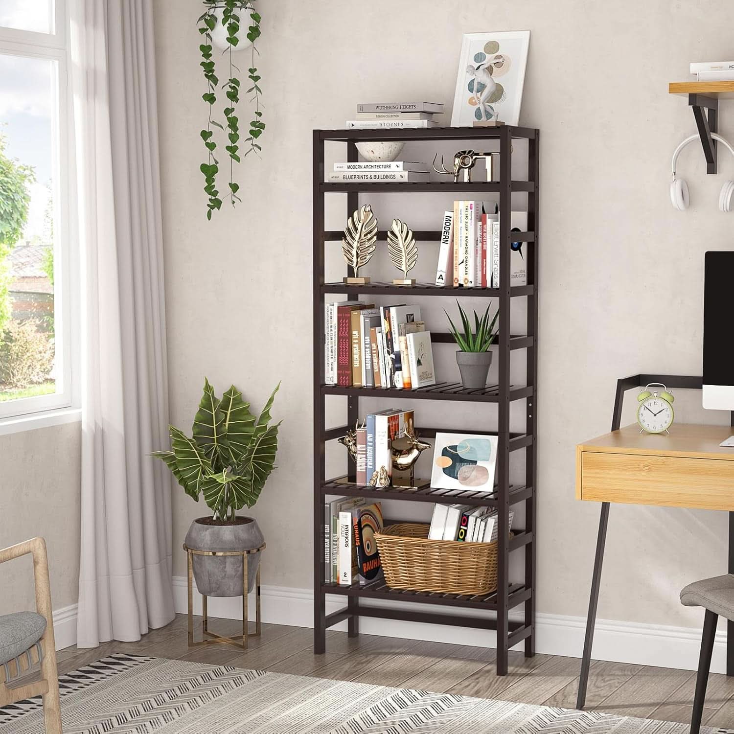 6-Tier Bamboo Bookcase Espresso 63.4 Inch Tall Freestanding Shelf