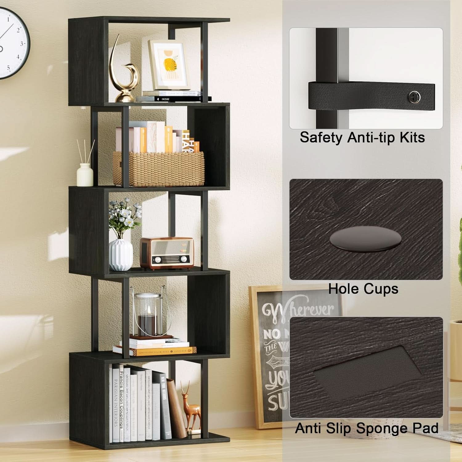 6 Tier Bookshelf Oak Finish Modern Storage Display