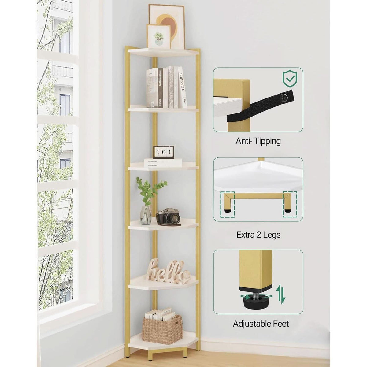 6-Tier Corner Shelf Stand White Gold Finish For Living Room