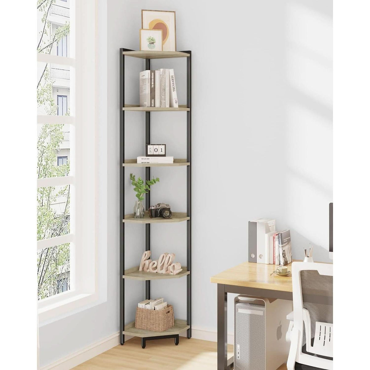 6-Tier Greige Corner Shelf Stand For Living Room And Office