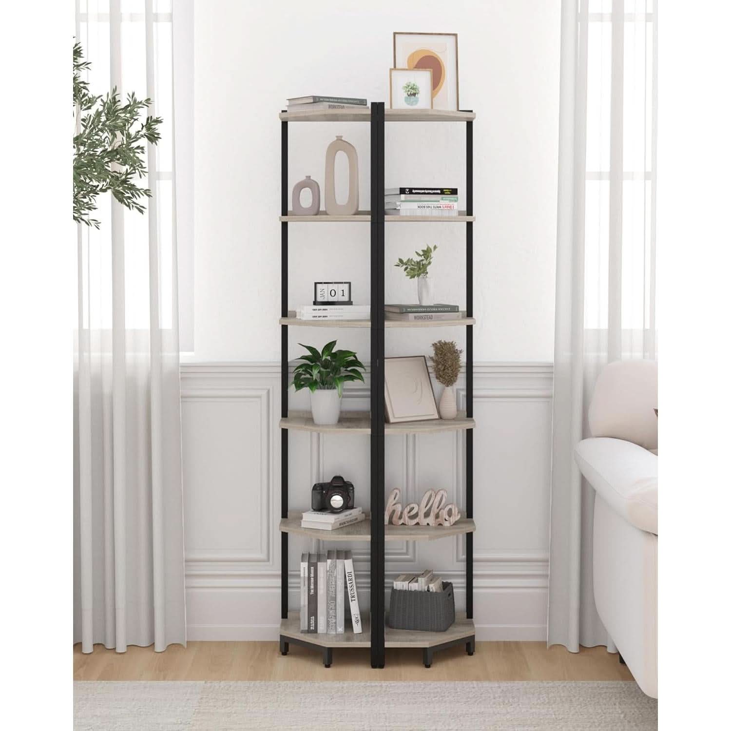 6-Tier Greige Corner Shelf Stand For Living Room And Office