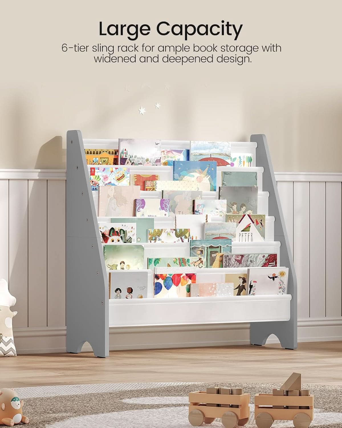 6 Tier Kids Bookshelf White And Gray Sling Book Organizer
