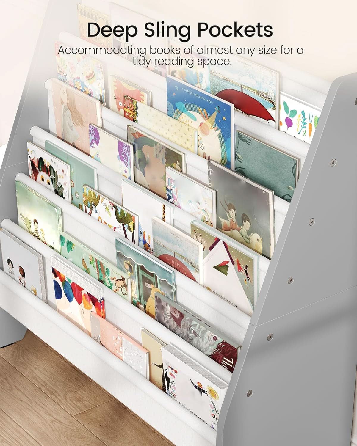 6 Tier Kids Bookshelf White And Gray Sling Book Organizer