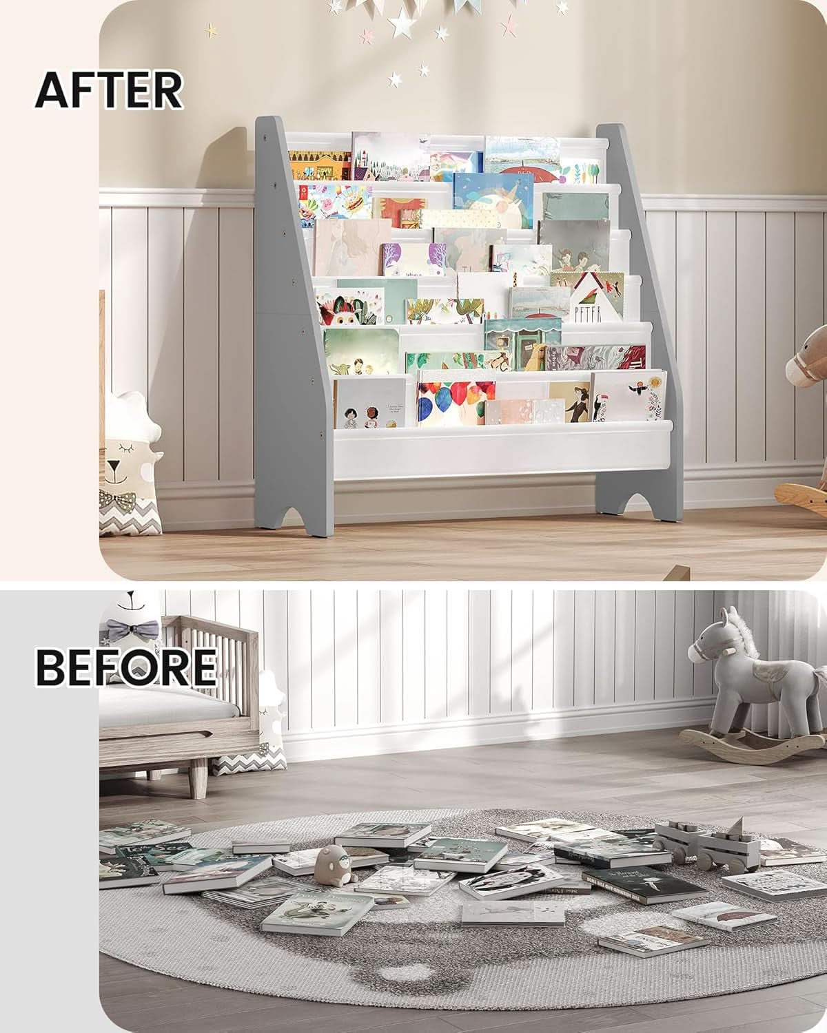 6 Tier Kids Bookshelf White And Gray Sling Book Organizer