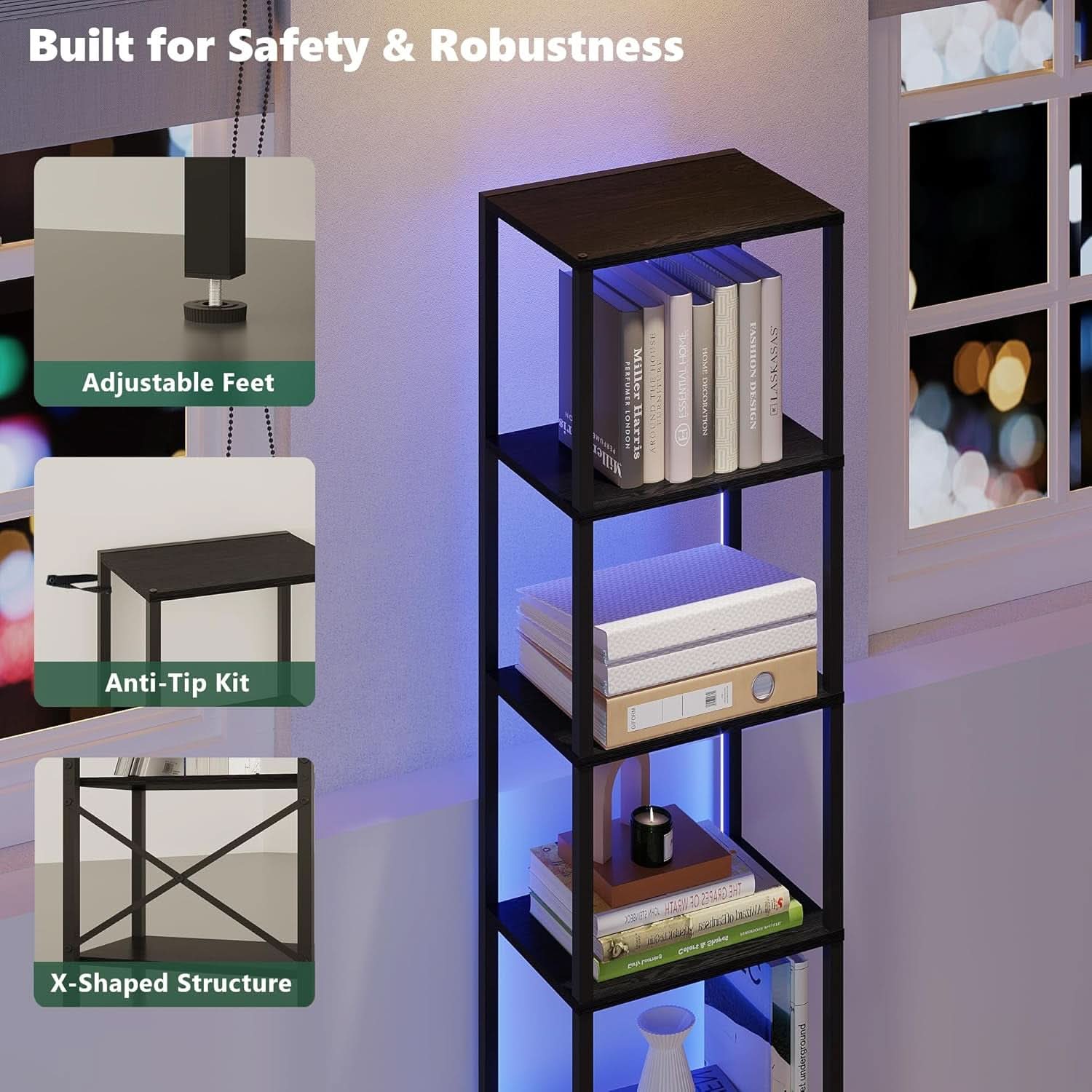 6 Tier LED Bookshelf Black Tall Narrow Living Room Display