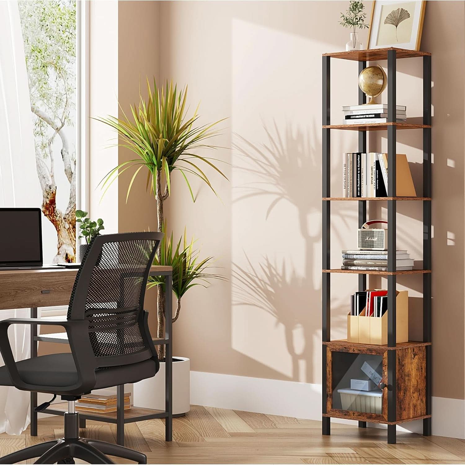 6 Tier Narrow Book Shelf With Door Brown For Small Spaces