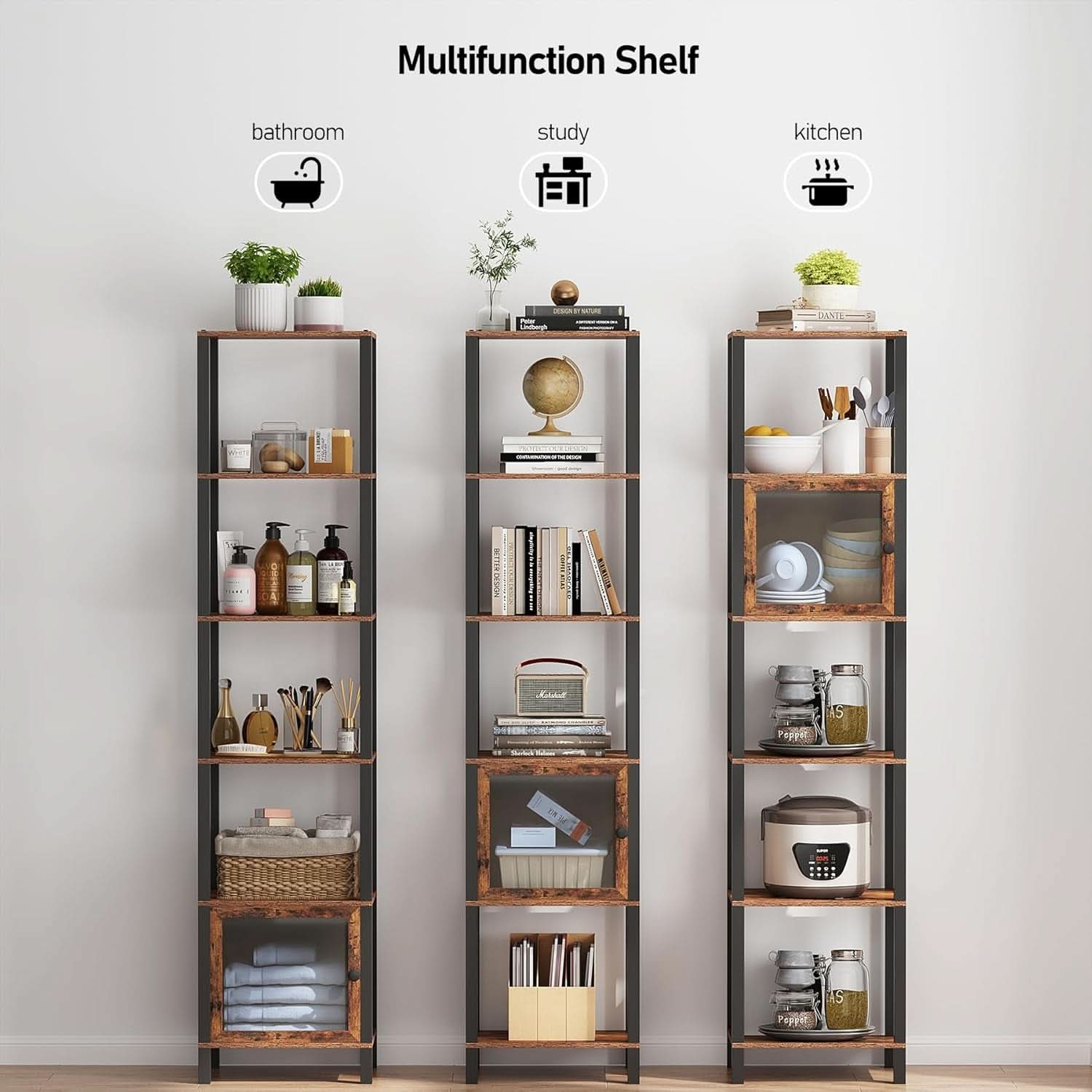 6 Tier Narrow Book Shelf With Door Brown For Small Spaces