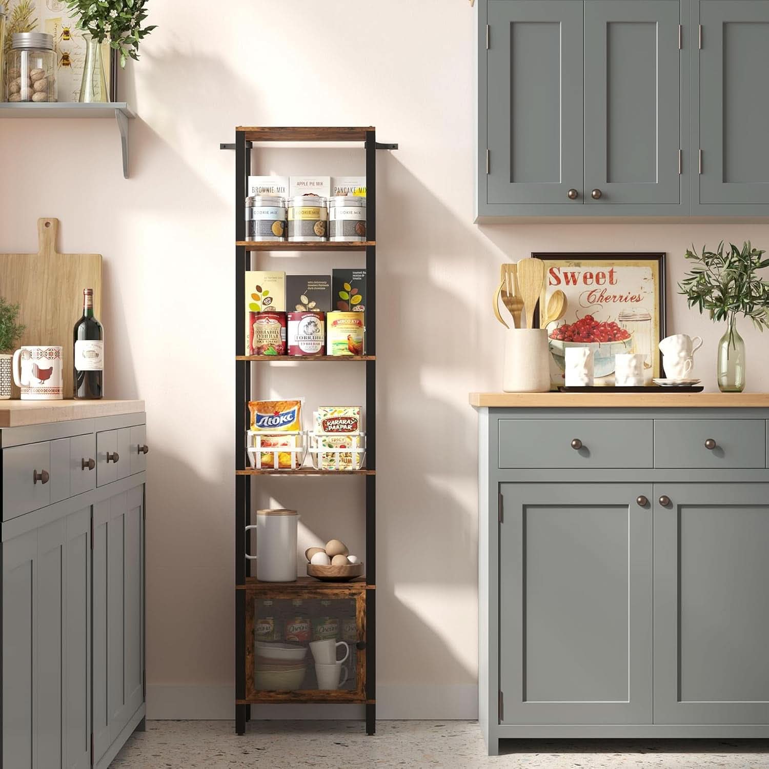 6 Tier Narrow Book Shelf With Door Brown For Small Spaces