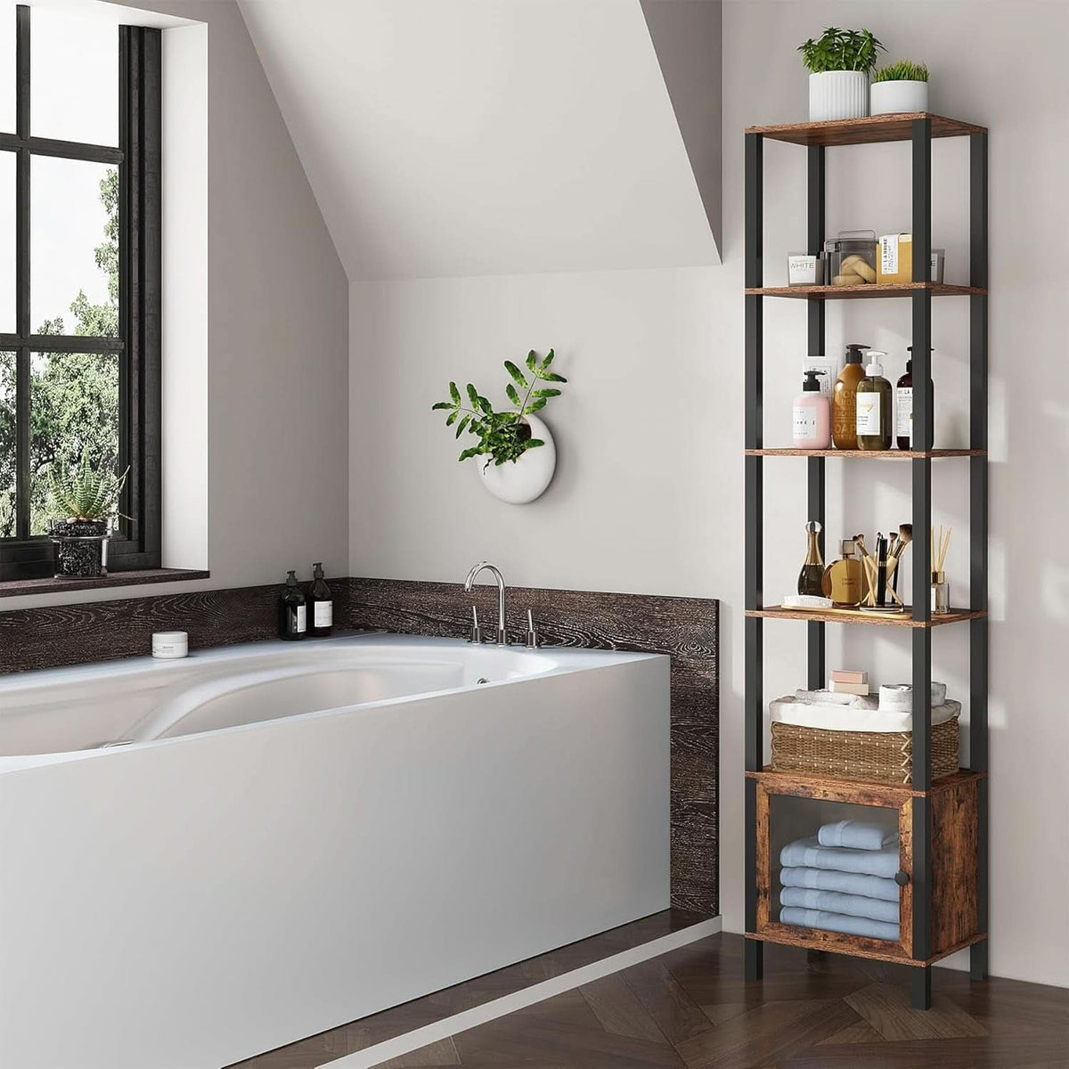 6 Tier Narrow Book Shelf With Door Brown For Small Spaces