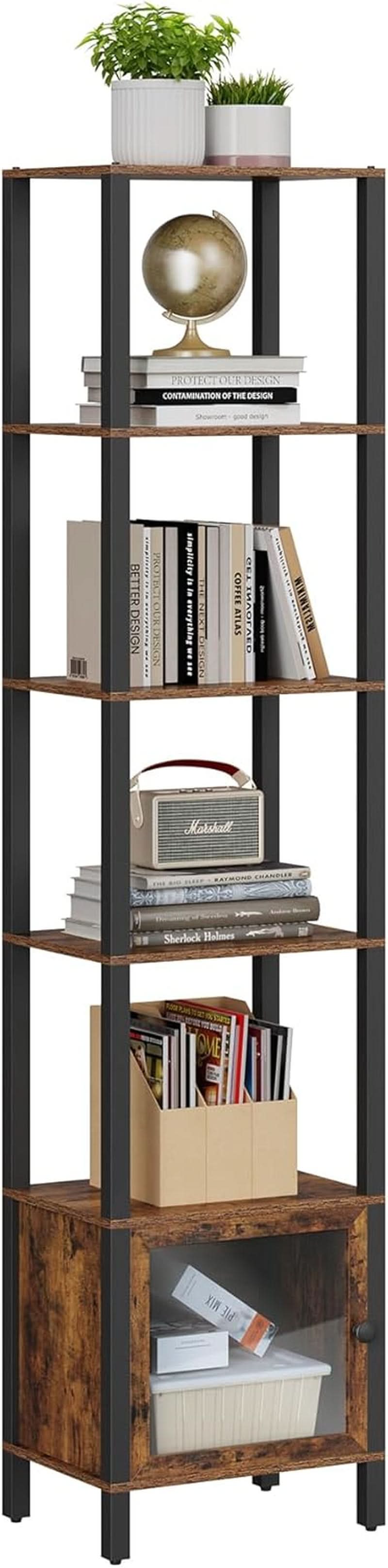 6 Tier Narrow Book Shelf With Door Brown For Small Spaces