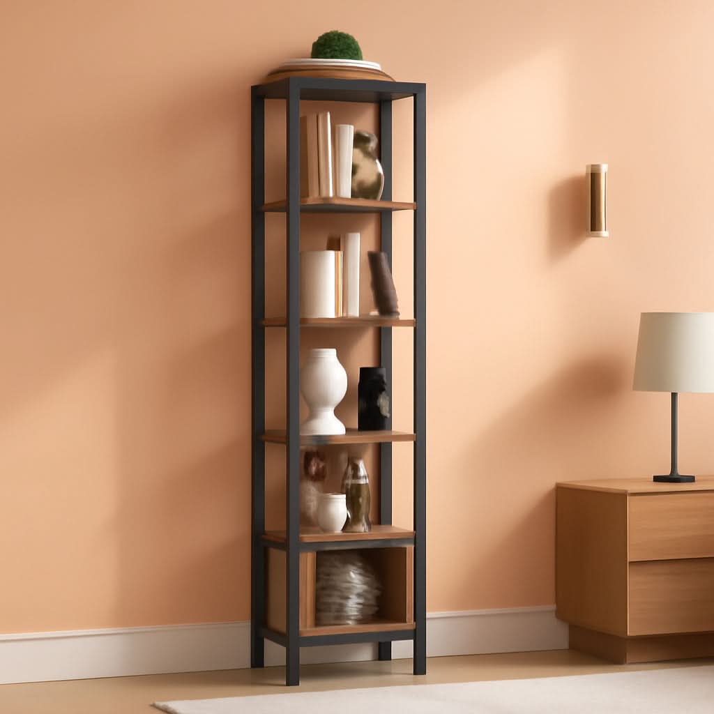 6 Tier Narrow Book Shelf With Door Brown For Small Spaces