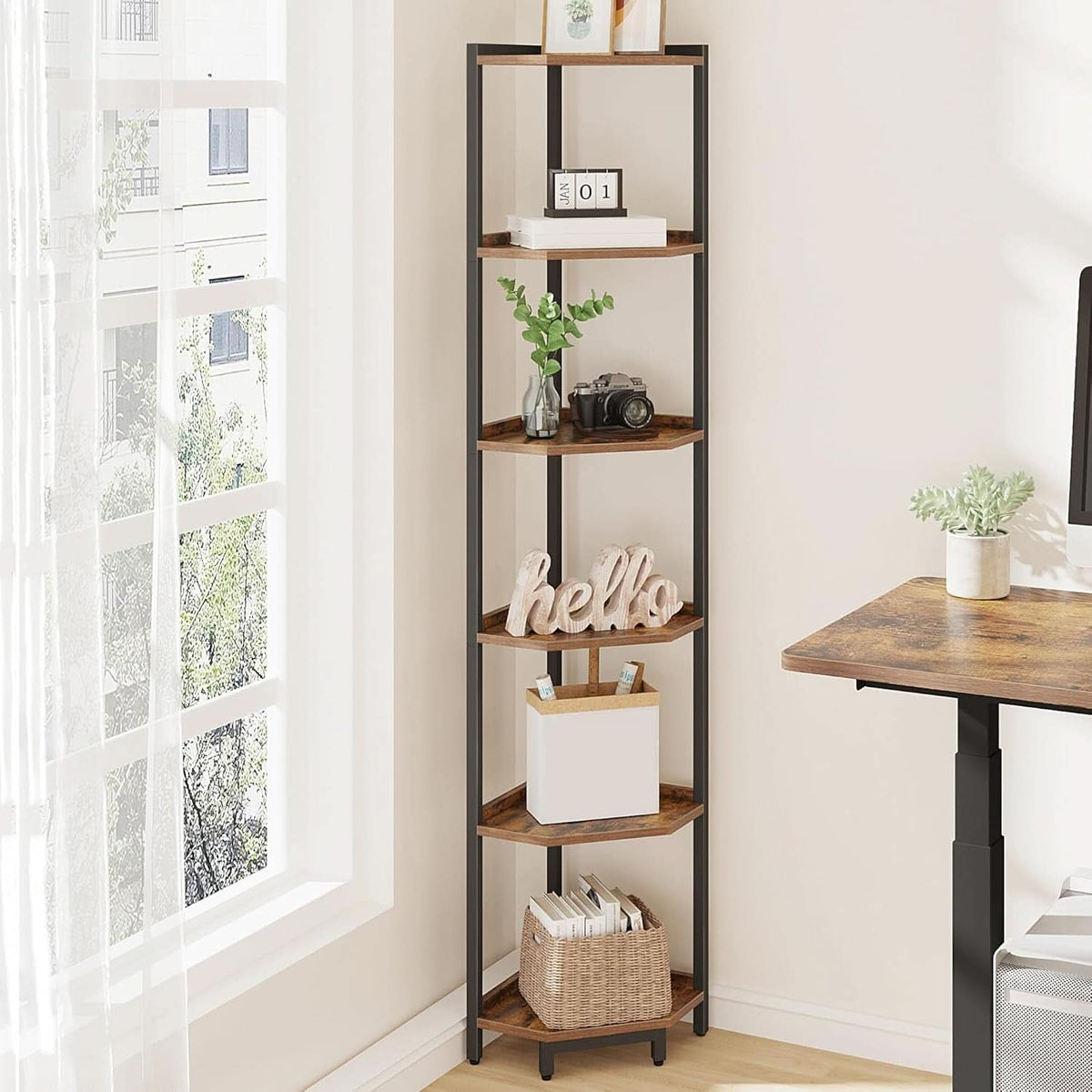 6-Tier Rustic Brown Corner Shelf Stand For Living Room