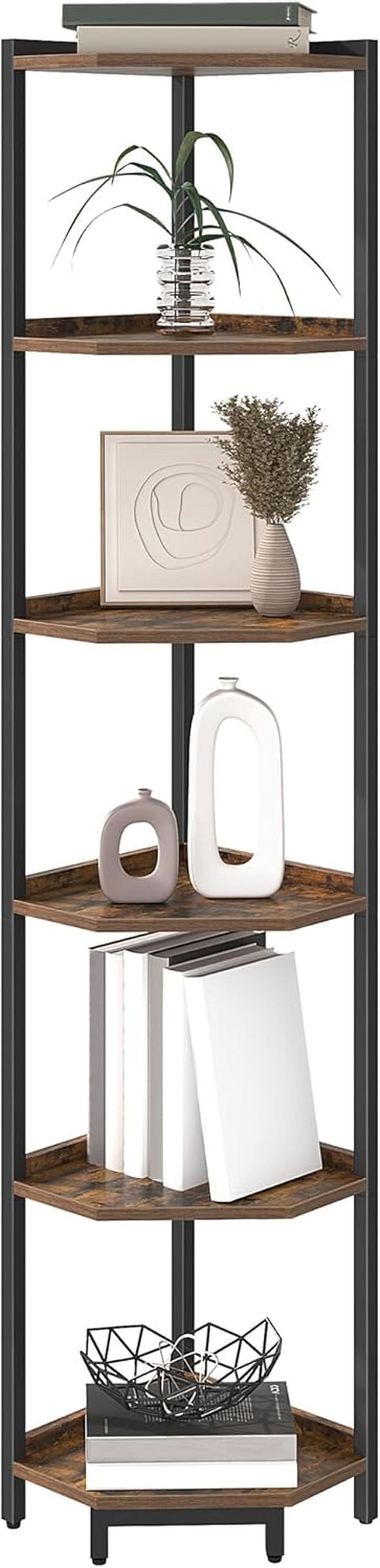 6-Tier Rustic Brown Corner Shelf Stand For Living Room