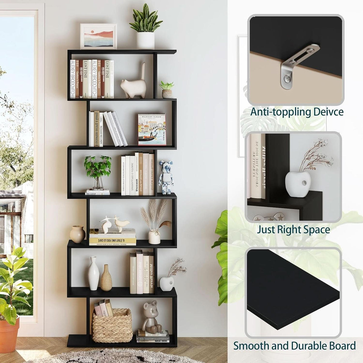 6 Tier S Shaped Bookshelf Freestanding Modern Display