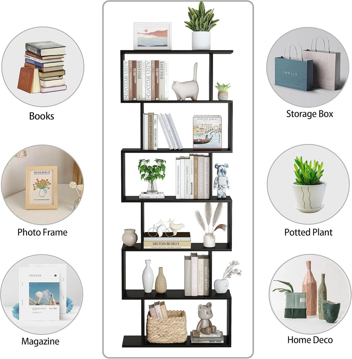 6 Tier S Shaped Bookshelf Freestanding Modern Display