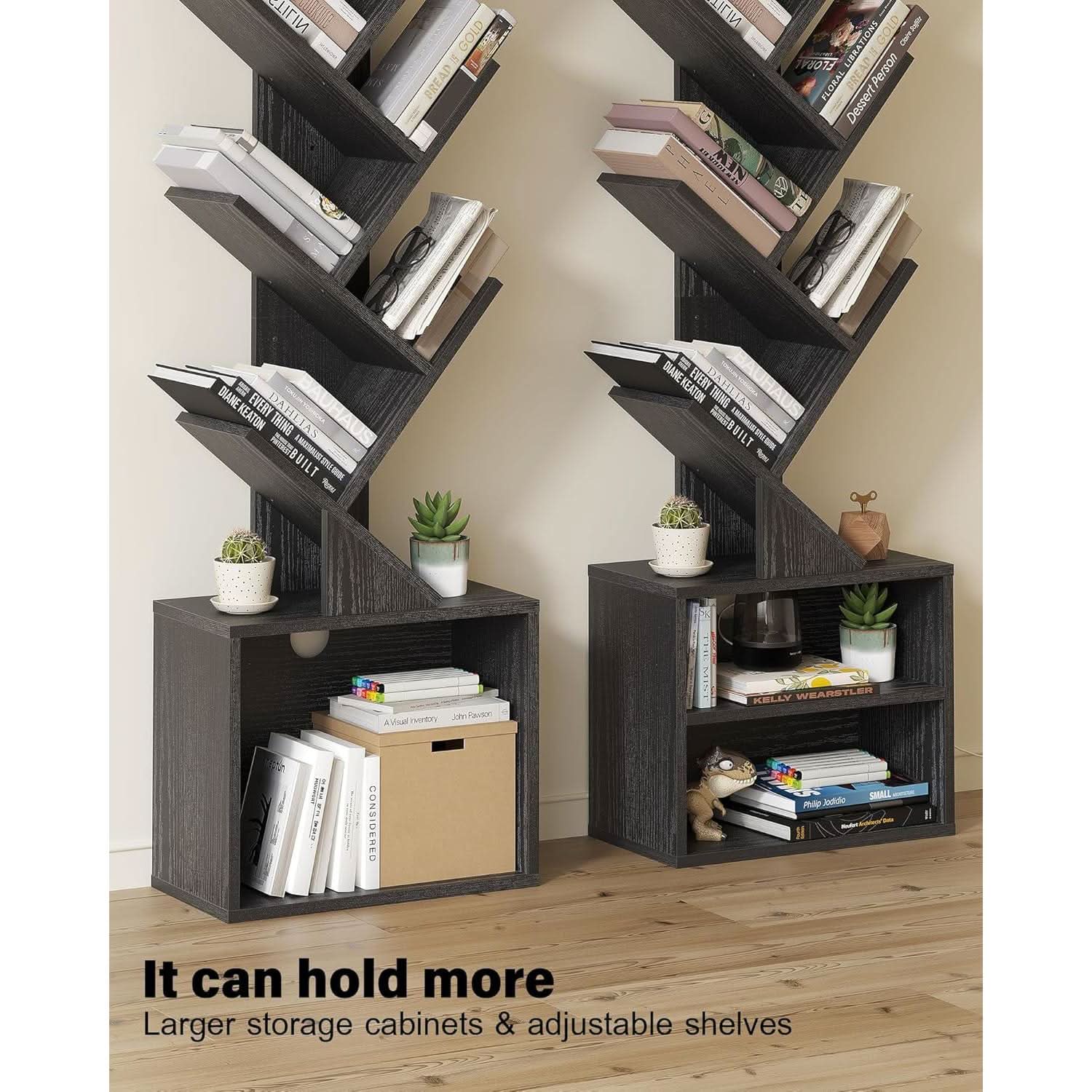 6 Tier Tree Bookshelf Black Floor Standing Storage Cabinet