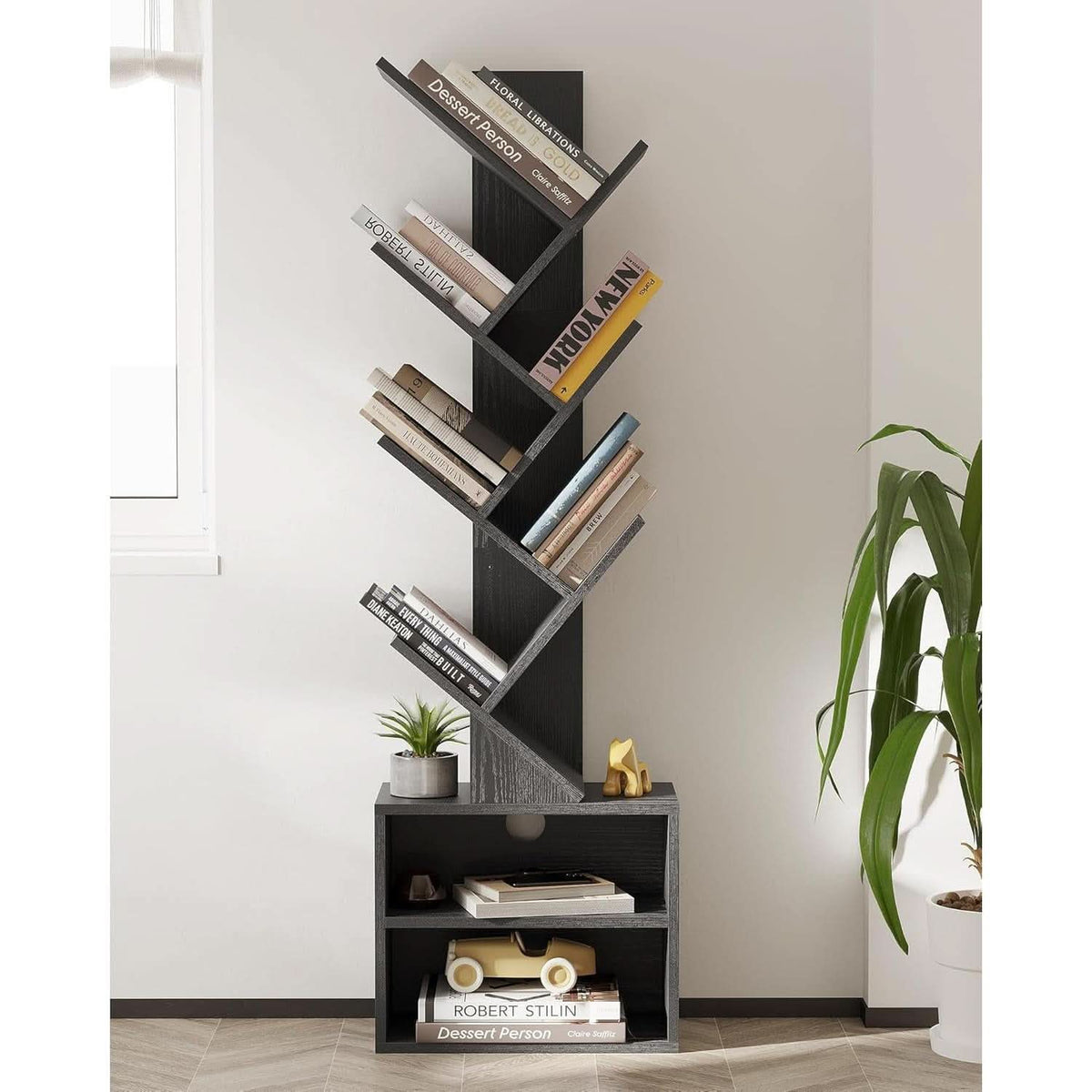 6 Tier Tree Bookshelf Black Floor Standing Storage Cabinet