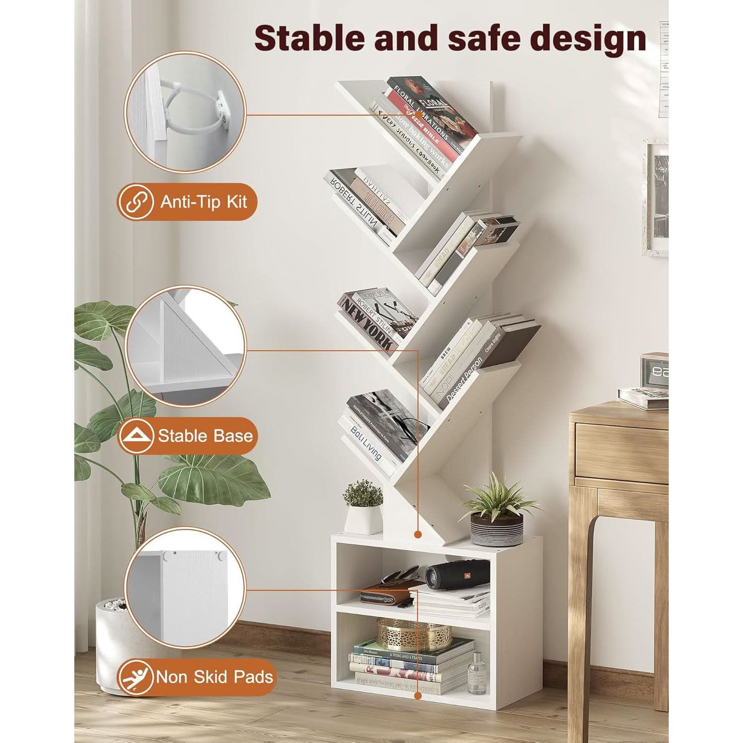 6 Tier Tree Bookshelf Tall Bookcase With Storage Cabinet White