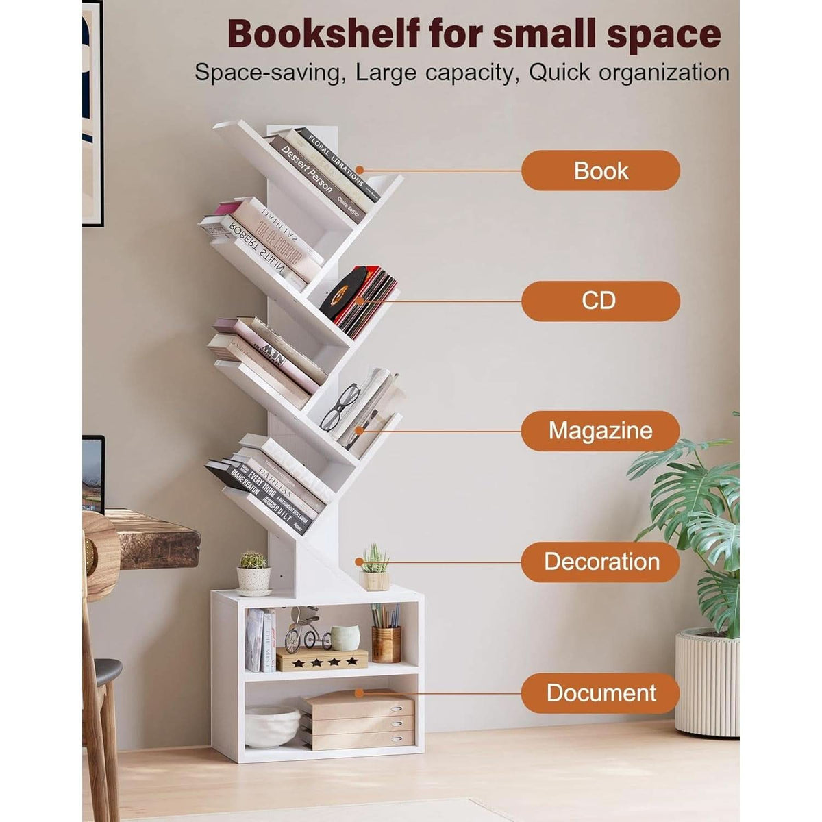 6 Tier Tree Bookshelf Tall Bookcase With Storage Cabinet White