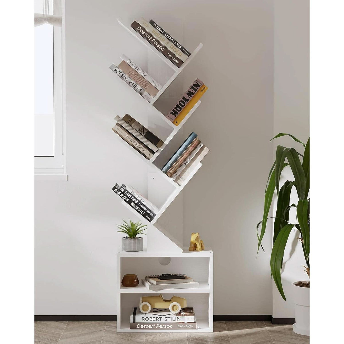 6 Tier Tree Bookshelf Tall Bookcase With Storage Cabinet White