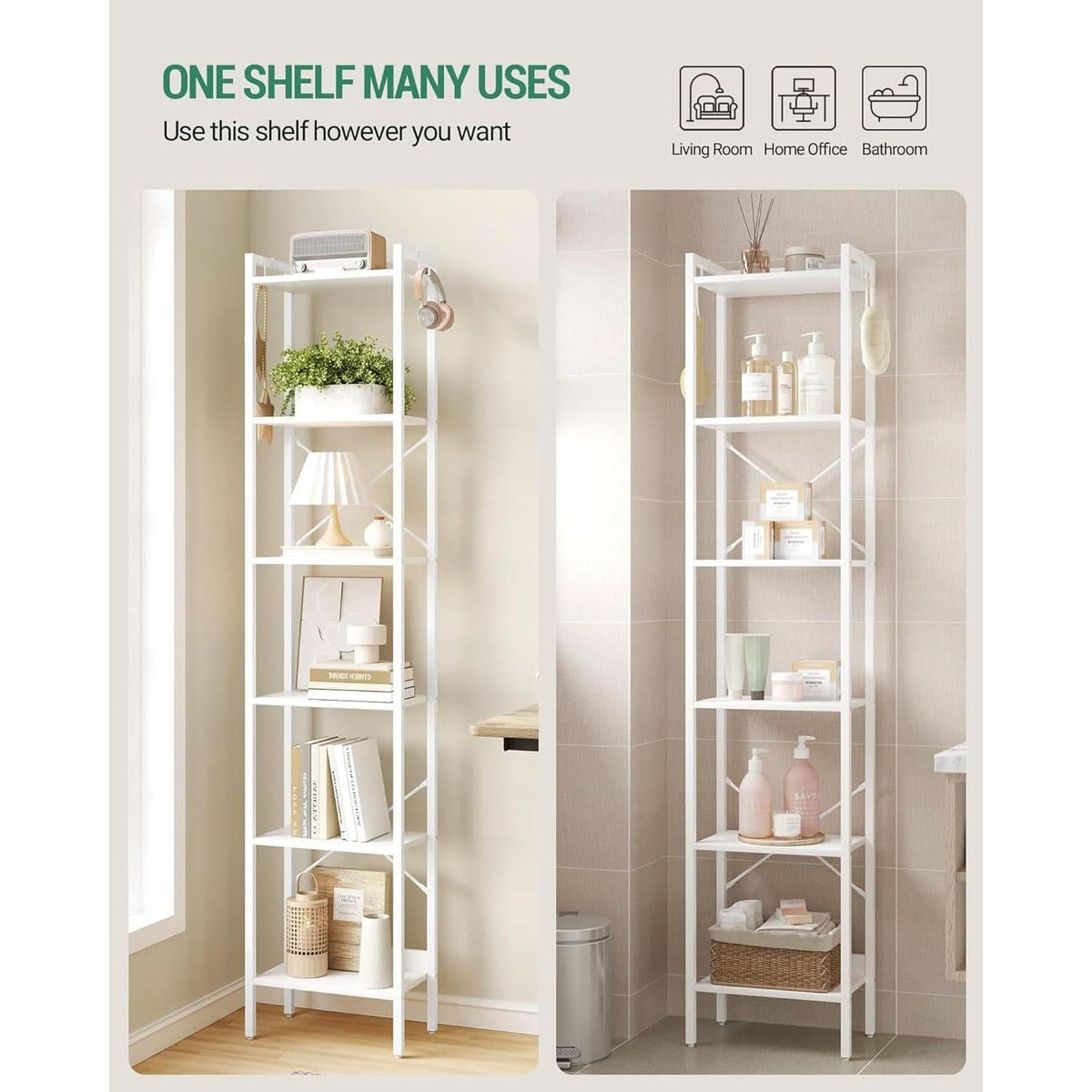 6 Tier White Industrial Bookshelf For Home Office Living Room