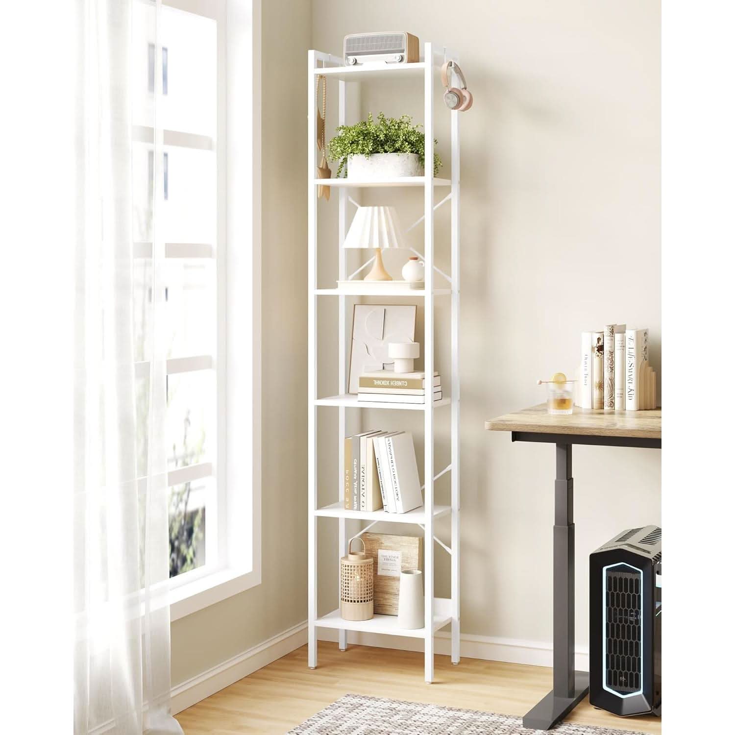 6 Tier White Industrial Bookshelf For Home Office Living Room