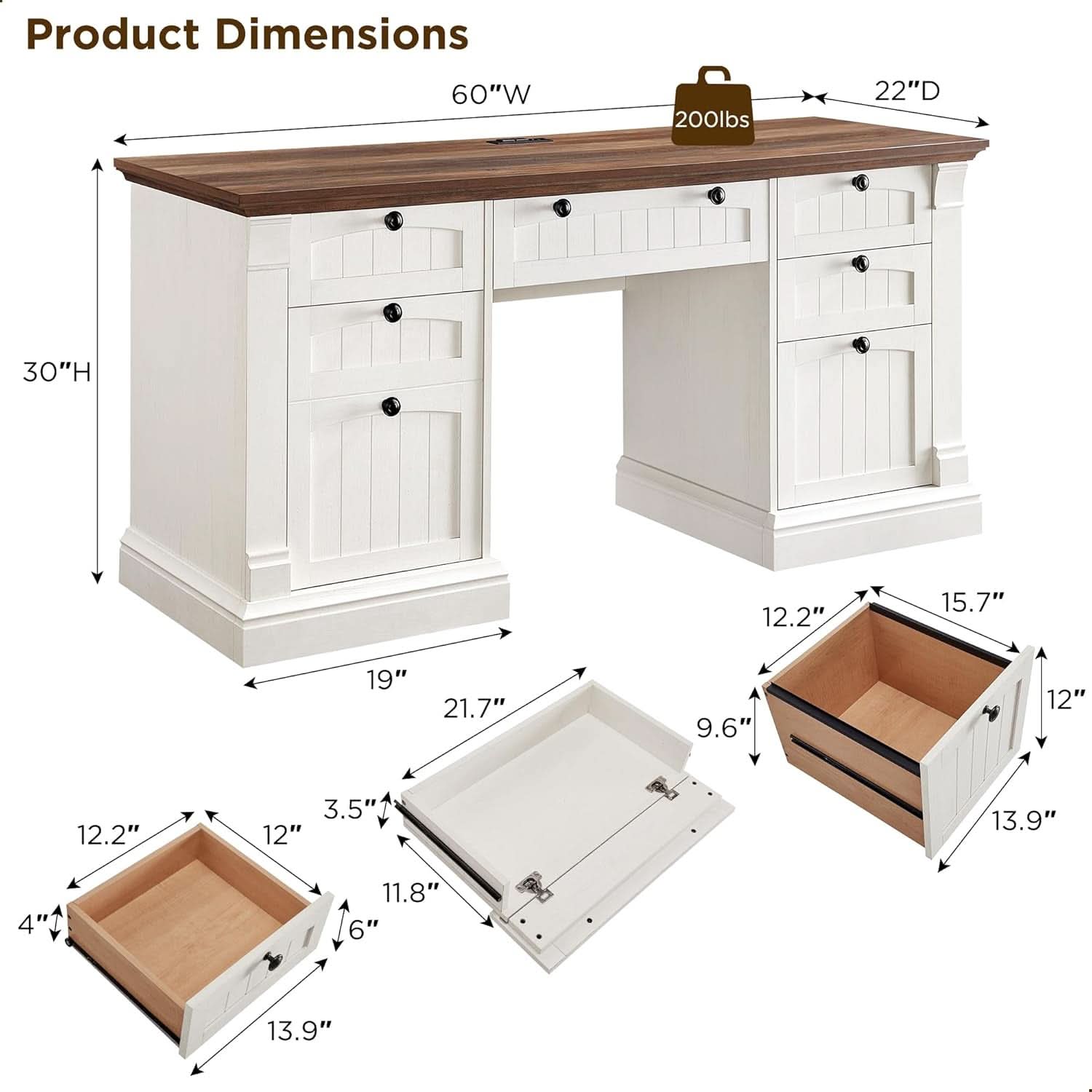 60 Inch Antique White Executive Desk For Home Office