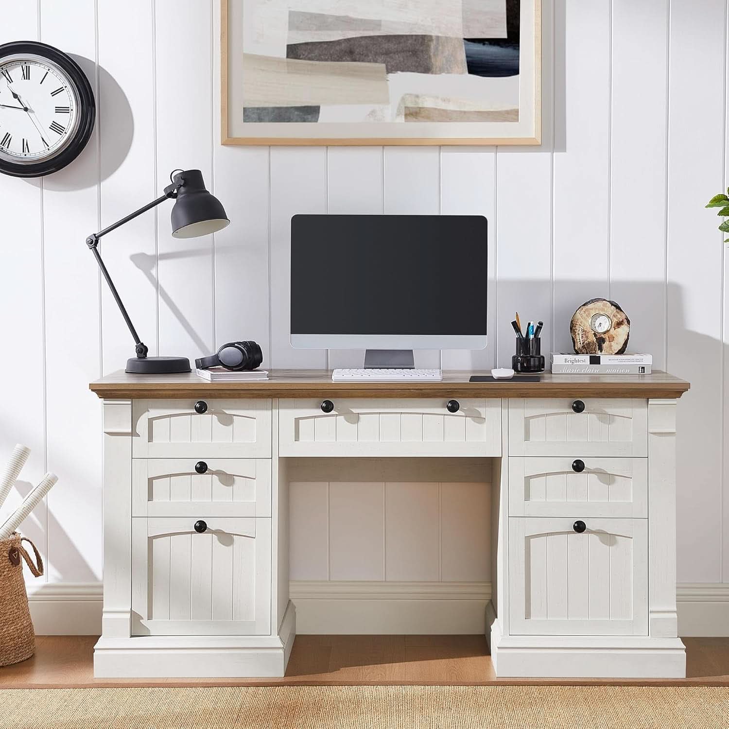 60 Inch Antique White Executive Desk For Home Office