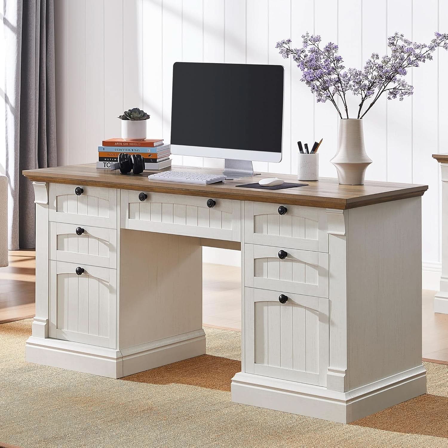 60 Inch Antique White Executive Desk For Home Office