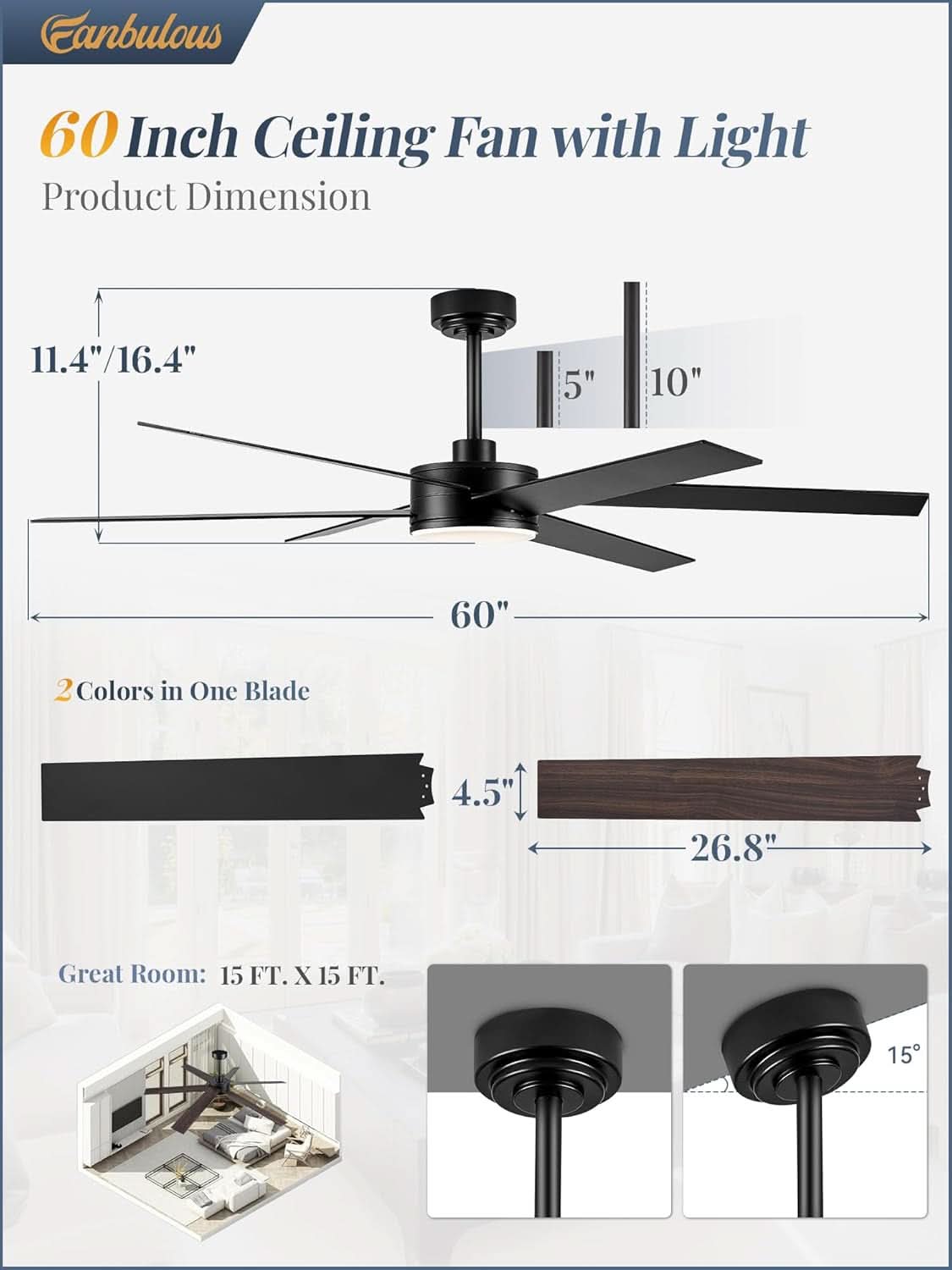 60 Inch Black Ceiling Fan With Lights Remote DC Motor