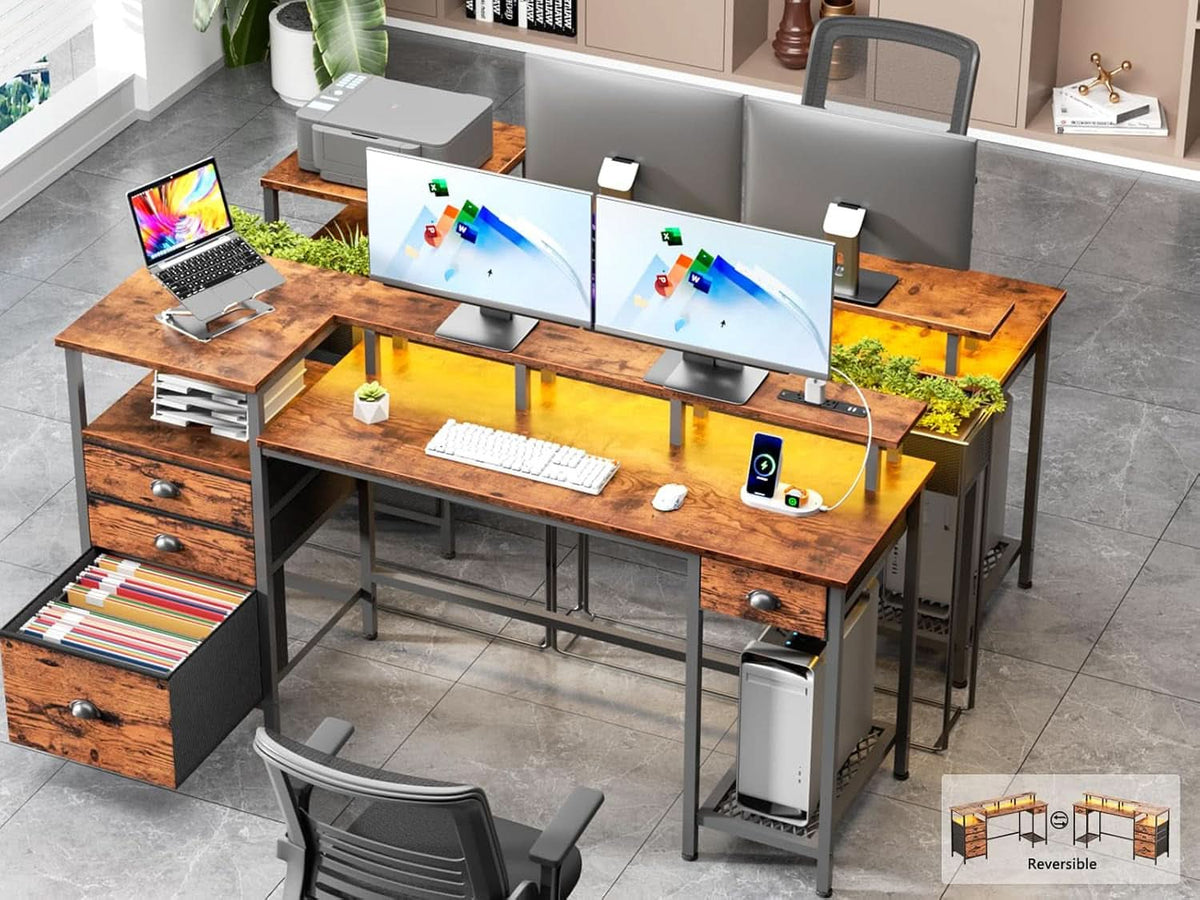 60 Inch Computer Desk With Storage Drawers And LED Lights
