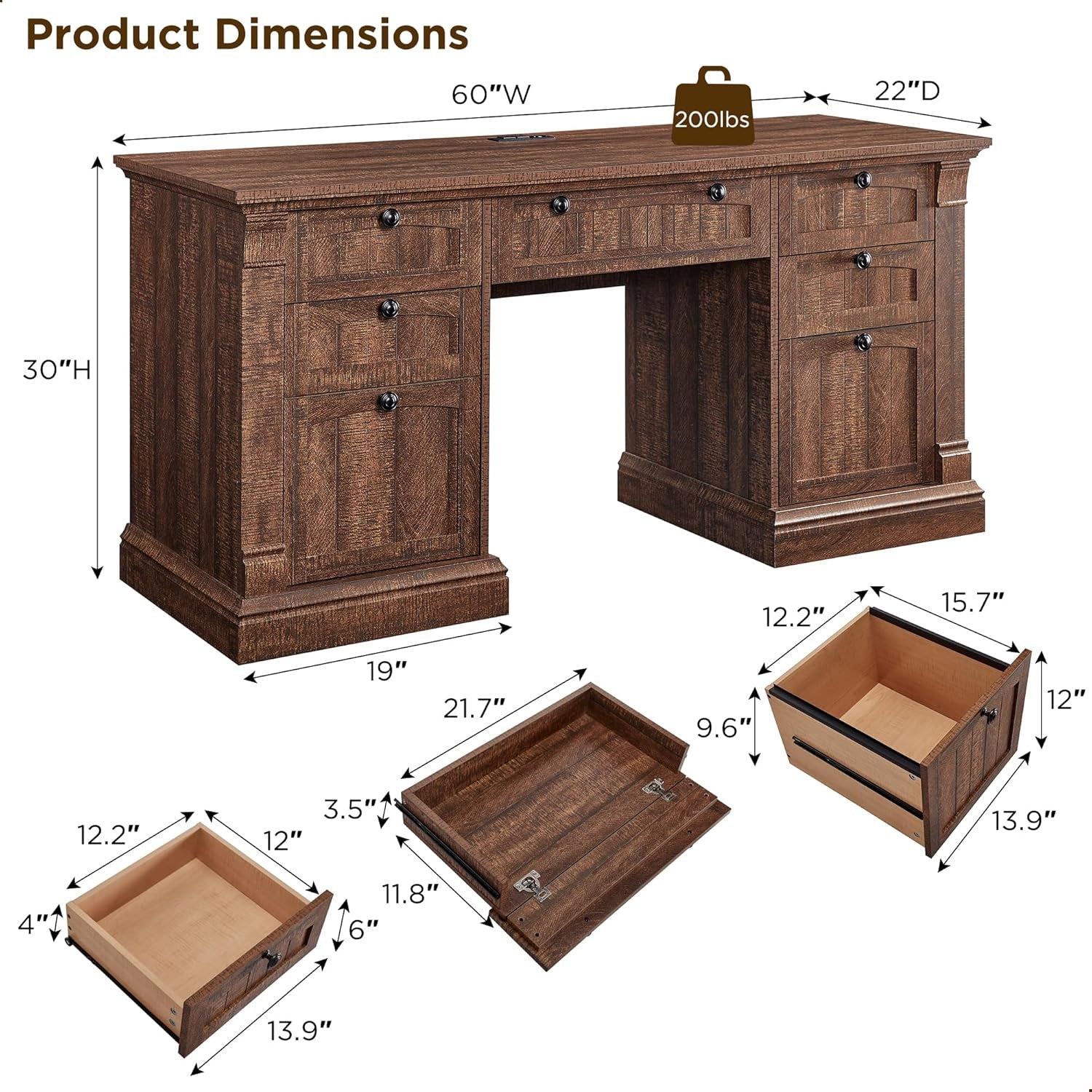 60 Inch Farmhouse Executive Desk With Charging Station