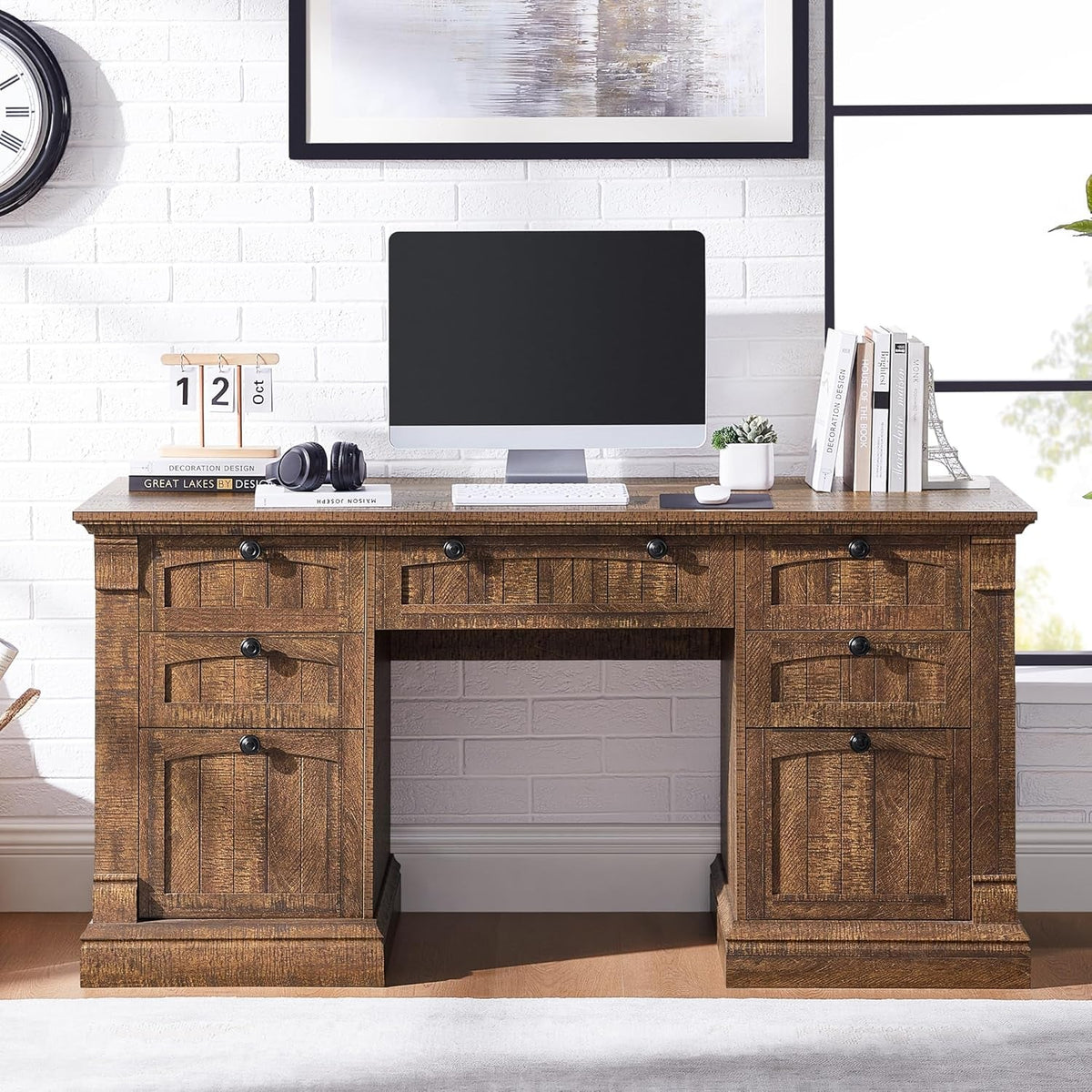 60 Inch Farmhouse Executive Desk With Charging Station