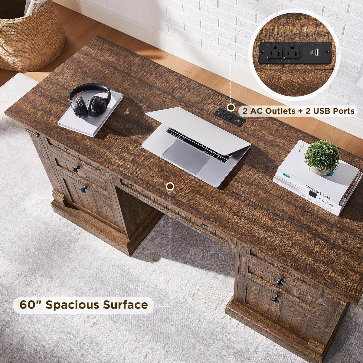 60 Inch Farmhouse Executive Desk With Charging Station