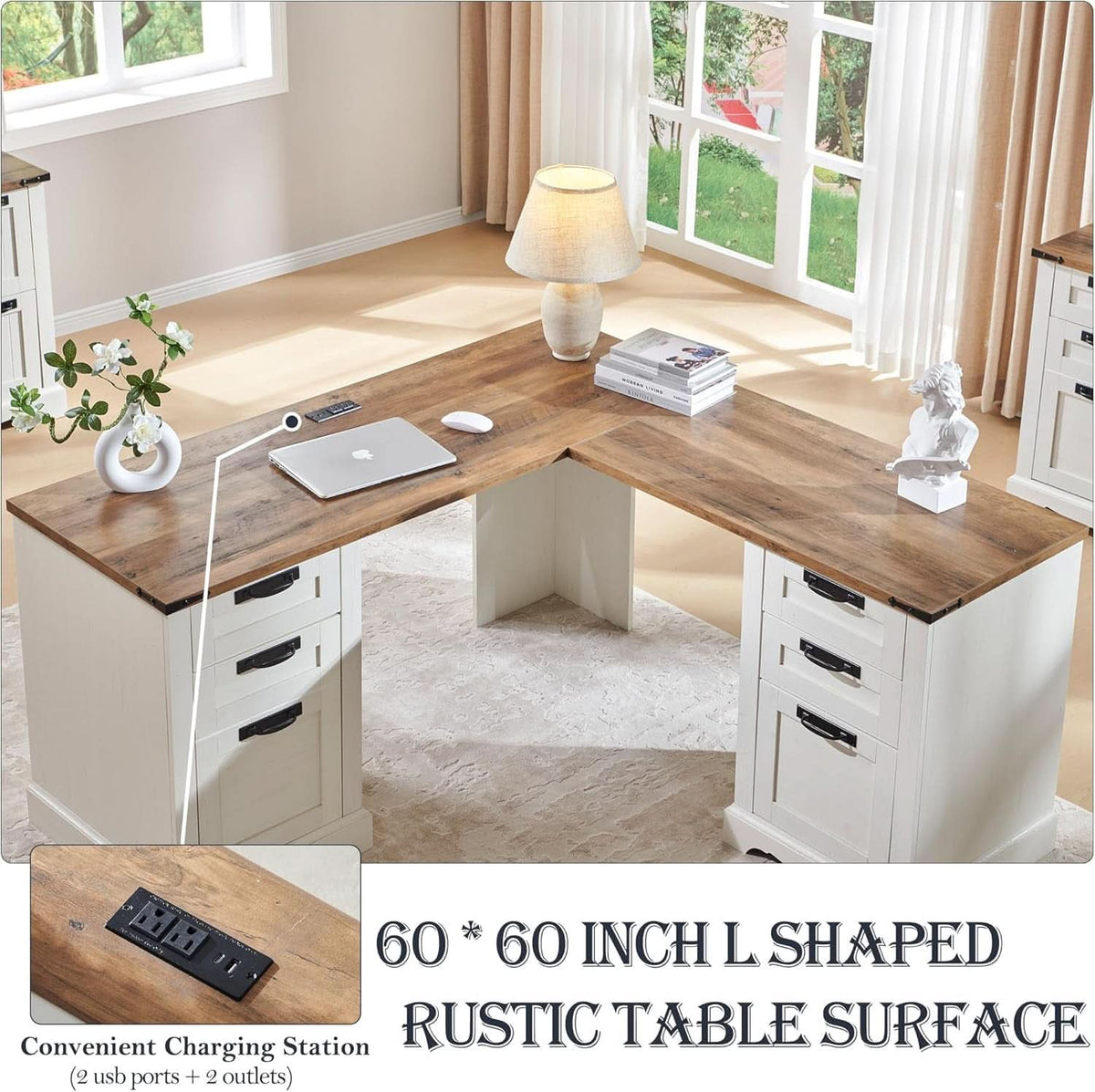 60 Inch Farmhouse L Shaped Desk Antique White With Drawers