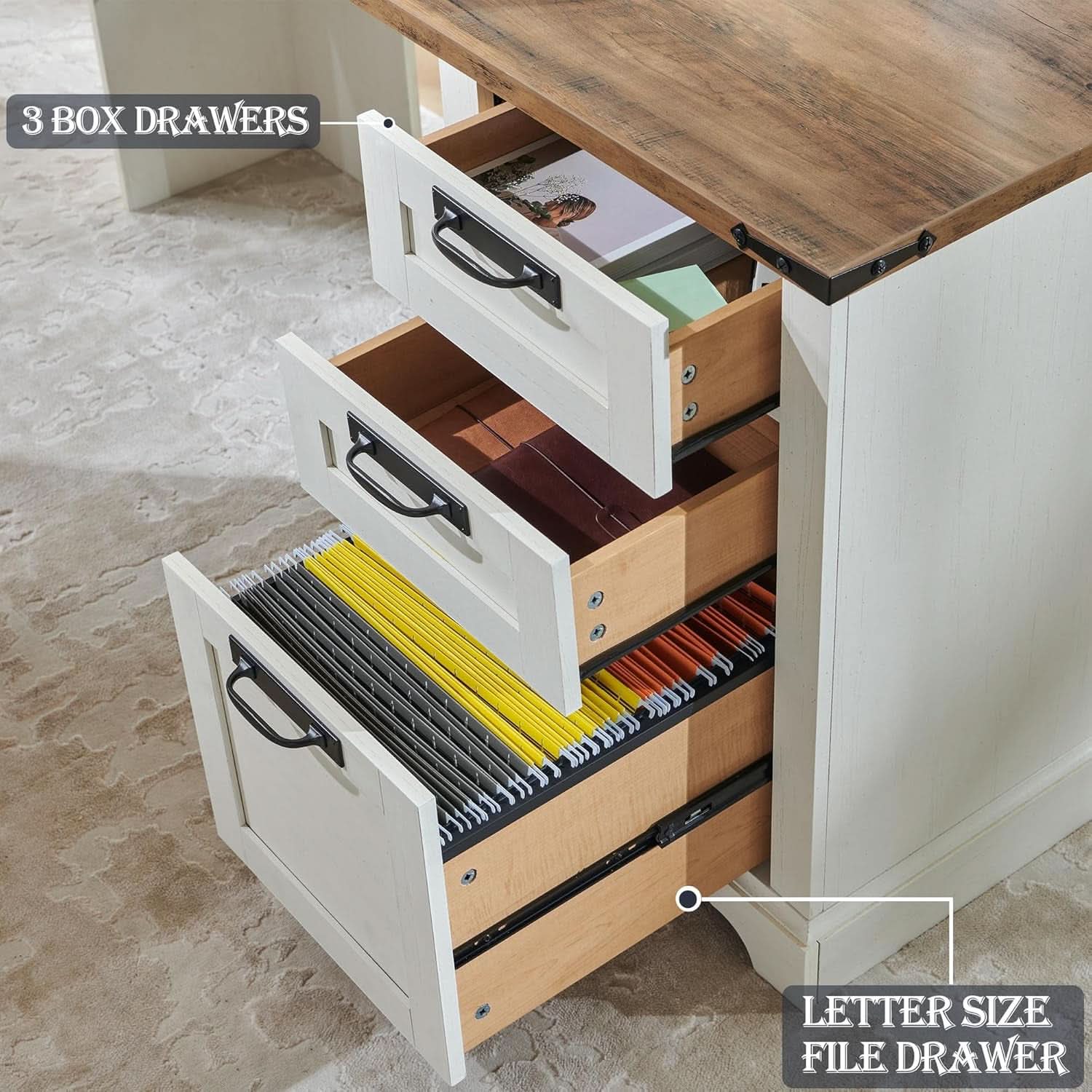 60 Inch Farmhouse L Shaped Desk Antique White With Drawers