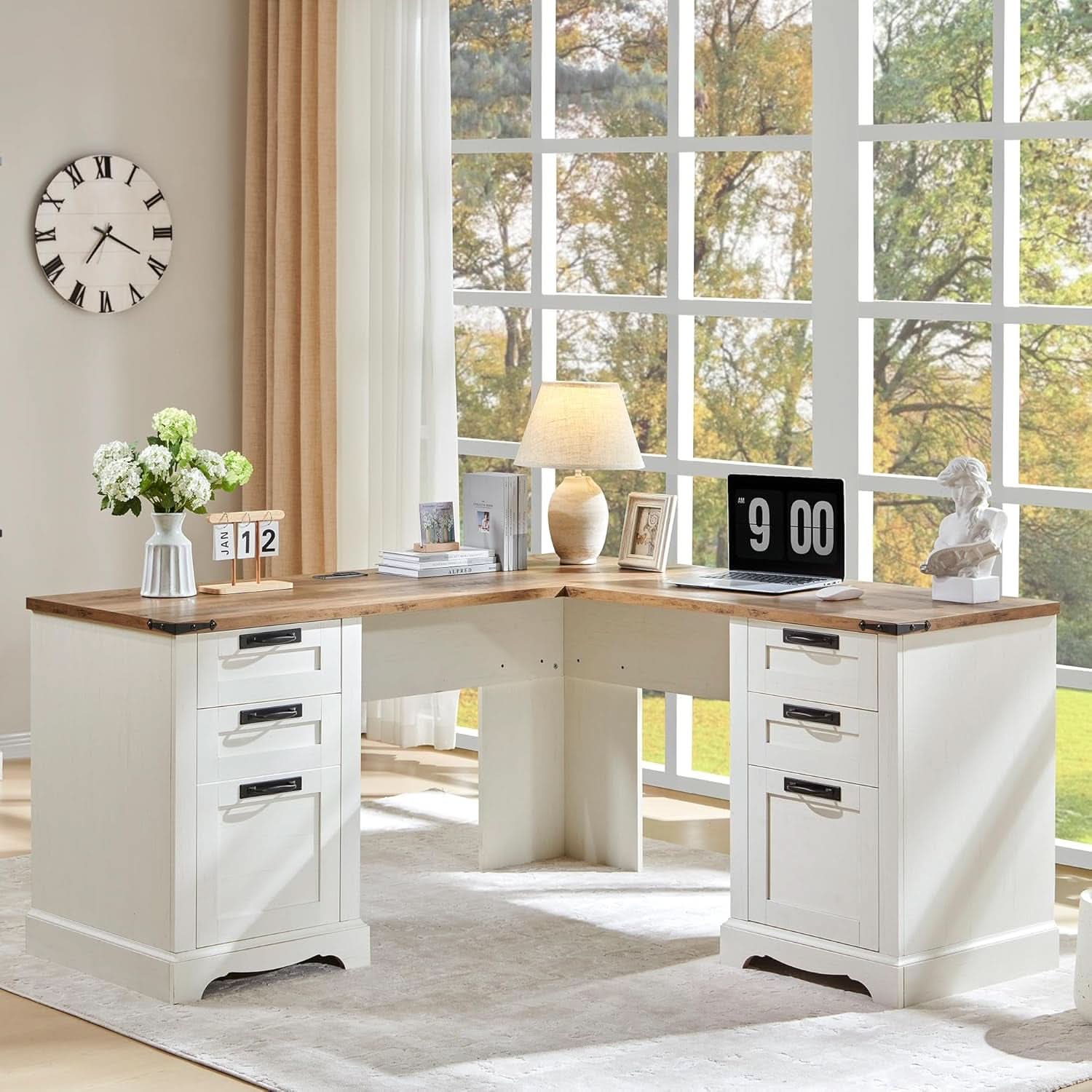 60 Inch Farmhouse L Shaped Desk Antique White With Drawers