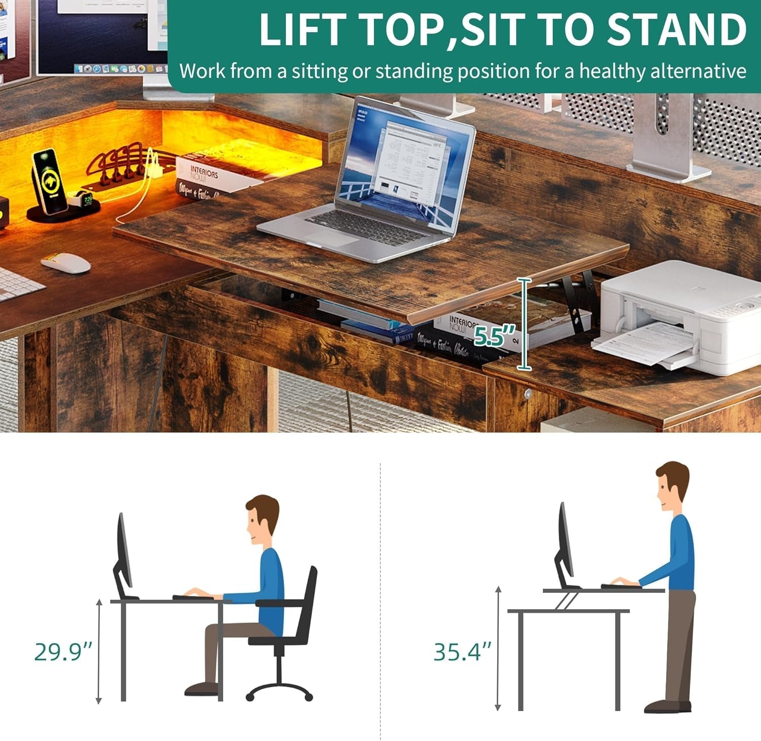 60 Inch L Shaped Desk With Power Outlets And LED Lights