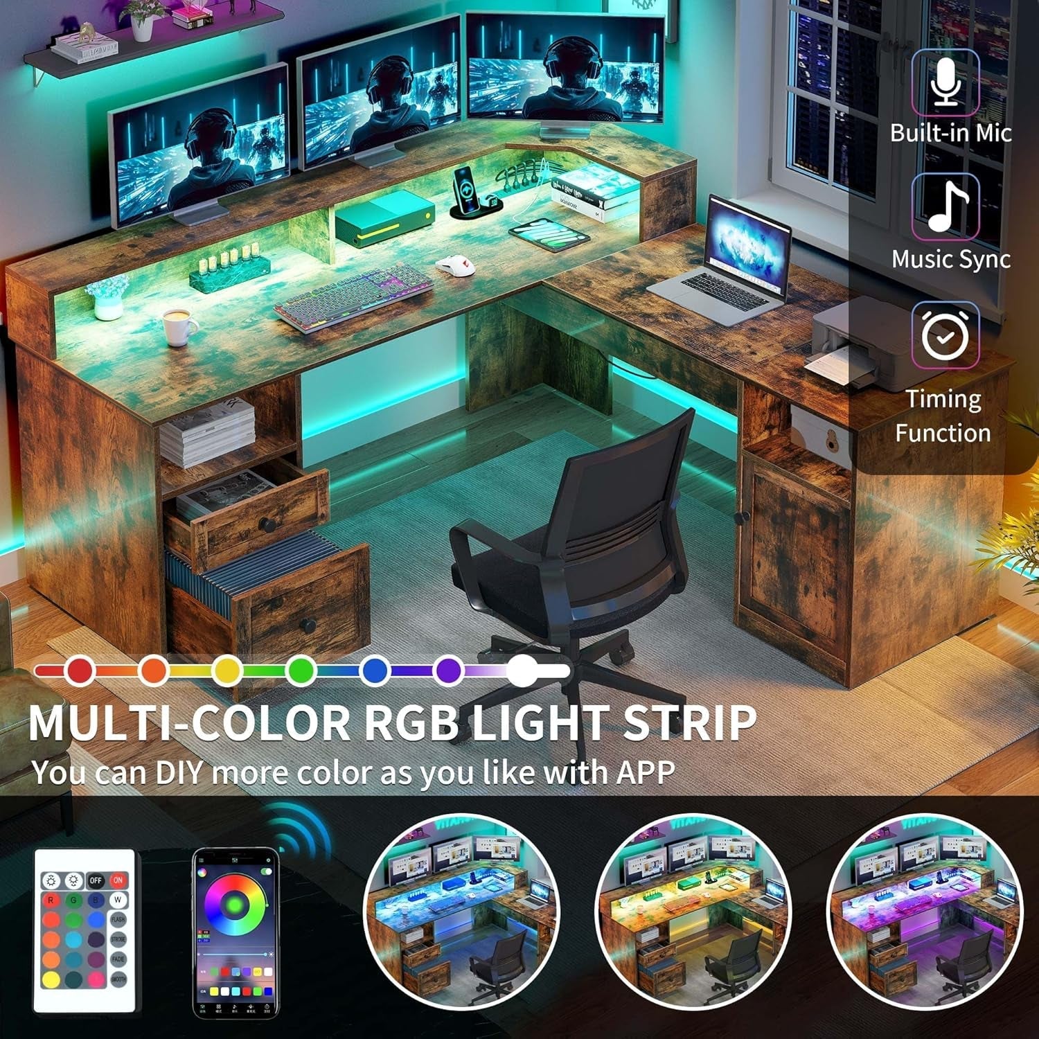 60 Inch L Shaped Desk With Power Outlets And LED Lights