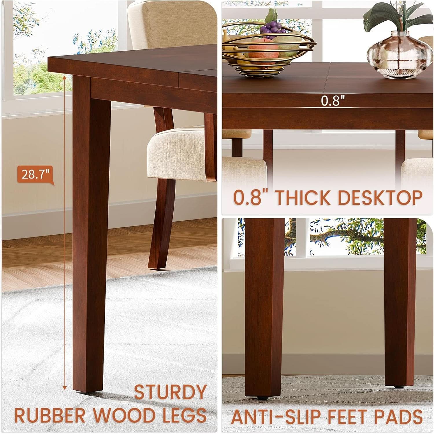 60 Inch Solid Wood Farmhouse Dining Table Cherry Finish