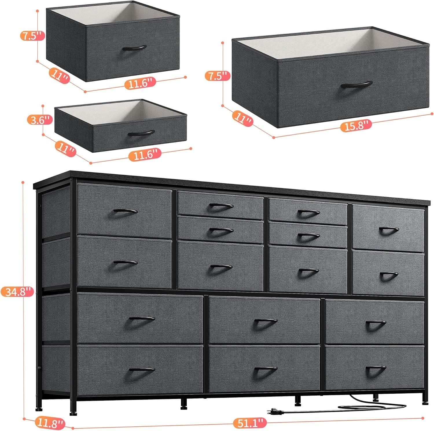 60 Inch TV Stand Dresser With Charging Station 16 Drawers
