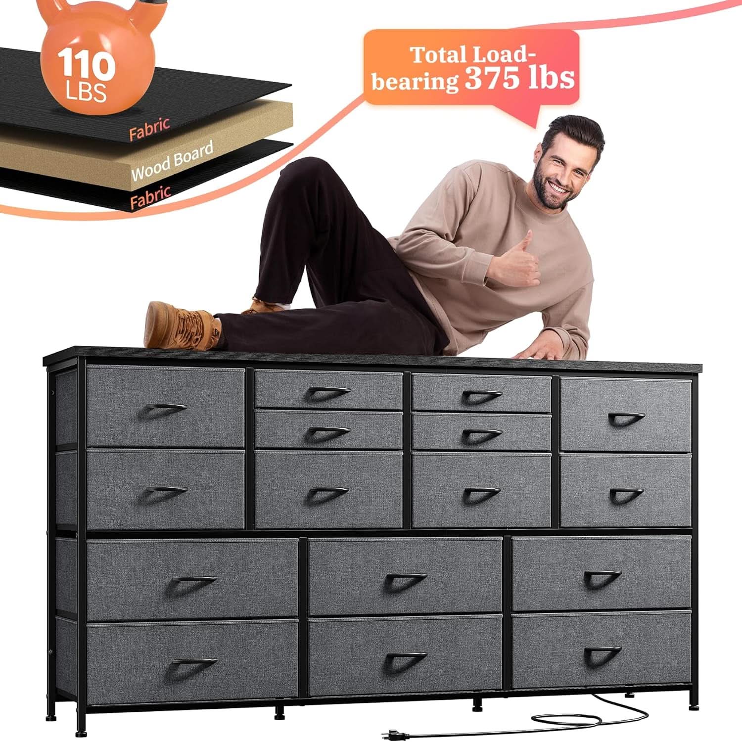 60 Inch TV Stand Dresser With Charging Station 16 Drawers
